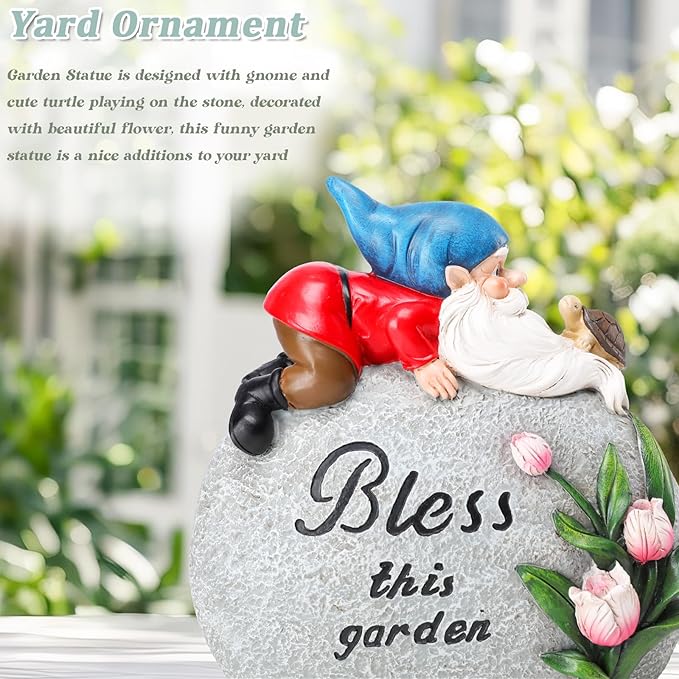 Garden Stones Statues Outdoor Decor, Novelty Gnome Garden Sculptures Stones Statue with Flower and Turtle Figurine Decoration for Patio Yard Porch Art Home Decor