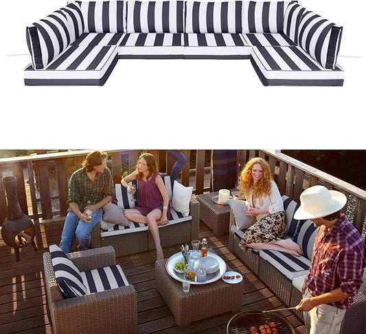 Outdoor Sectional Cushions Replacement Set, 26x26in Patio Furniture Cushions, 14 Pieces Waterproof Outdoor Couch Cushion for 6 Seat Wicker Conversation (Navy Blue with White Stripes)