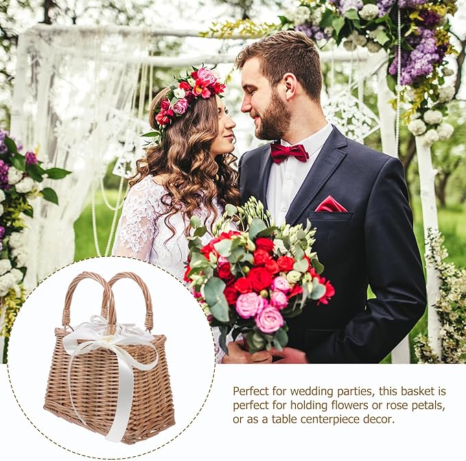 Baluue Rattan Woven Small Bag with Handle Decorative Flower Basket for Wedding Home and Garden Storage Portable Lightweight Wicker Purse 10.82X9.05X5.11 Inches
