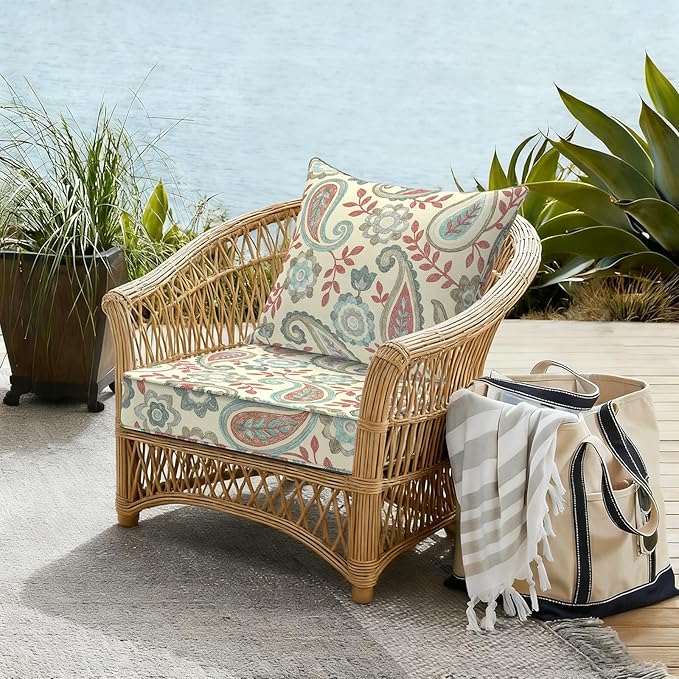 Outdoor Deep Seat Cushion Set, Water Repellent 22"x22" Patio Thick Cushions Replacement with Seat & Back Pillow for Patio Sofa, Wicker Chair, Couch - Paisley Vintage