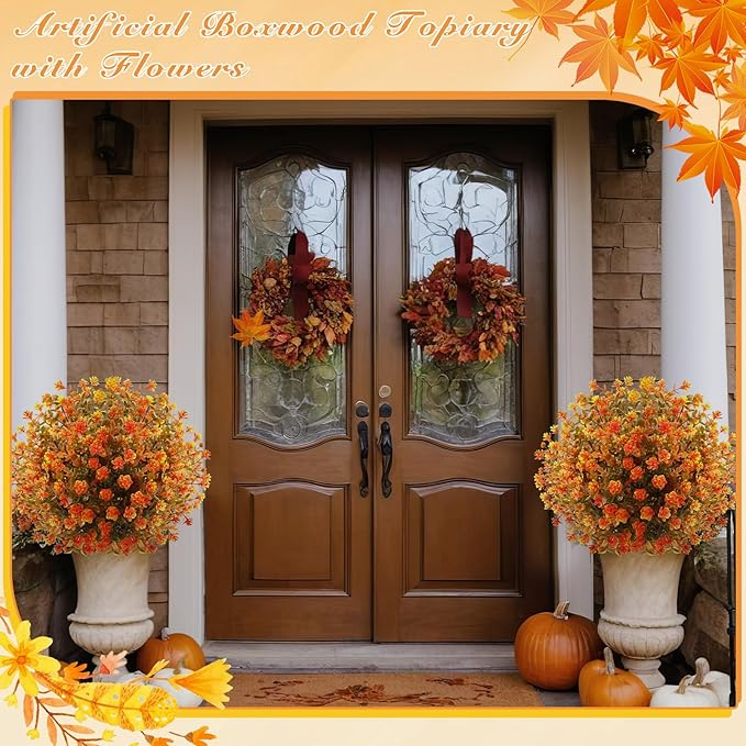 Yunlly 2 Pcs Outdoor Artificial Topiary Ball Trees 22" with Colorful Flowers, Boxwood Fake Bushes Shrubs with Spike, UV Resistant Evergreen Plants for Front Porch Garden Decor (Fall Orangegreen)