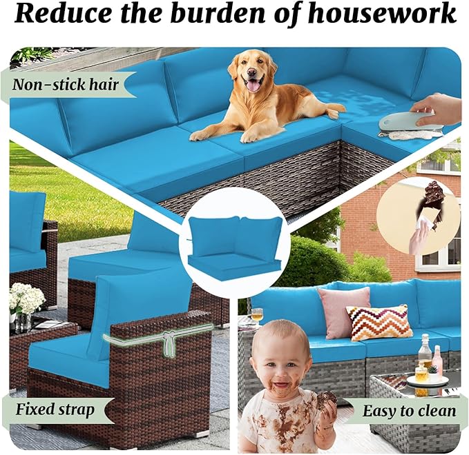 Outdoor Sectional Cushions Replacement Set, 26x26in Patio Furniture Cushions, 14 Pieces Waterproof Outdoor Couch Cushion for 6 Seat Wicker Conversation (Sky Blue)