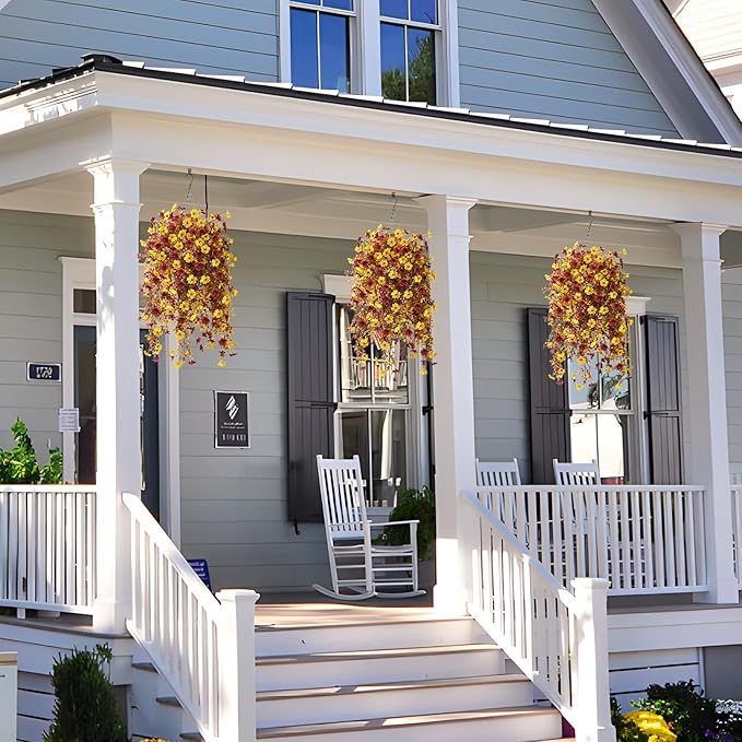 Fall Artificial Faux Mums Hanging Flowers Plants Basket for Outdoor Decoration,Fake Silk Daisy planters UV Resistant Look Real for Home Porch Patio Balcony Yard Autumn Decor (Yellow Brown)
