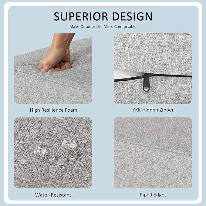 22x24 Inch Outdoor Deep Seat Cushions Set of 2,Thick High-Density Foam, Water-Resistant, Piped Edges & YKK Hidden Zipper for Patio Furniture,Greige