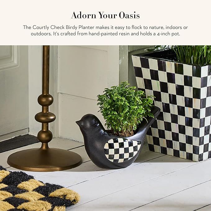 MACKENZIE-CHILDS Birdy Planter, Decorative Garden Planter, Black-and-White Courtly Check