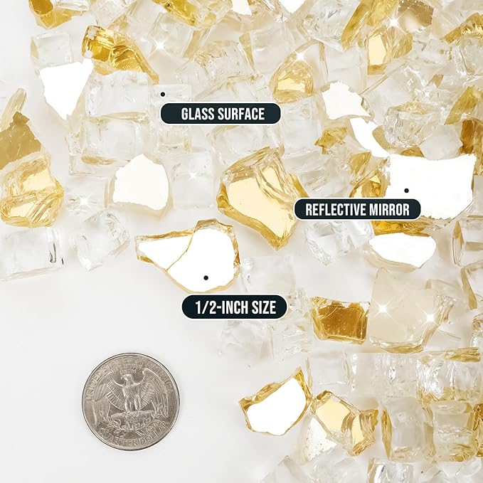 Skyflame Fire Pit Glass Rocks, 15 Pound Gold Reflective Fire Glass for Outdoor Indoor Fire Bowl Fireplace, 1/2-Inch