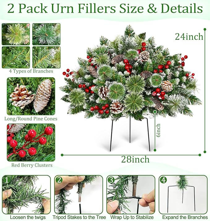 Timer - 2 Pack 24" Lighted Outdoor Christmas Tree Urn Fillers,Warm White&Colorful Lights 8 Mode Snowy Pinecone Red Berry Battery Operated Tripod Stake Holiday Planters Outdoor Christmas Decorations