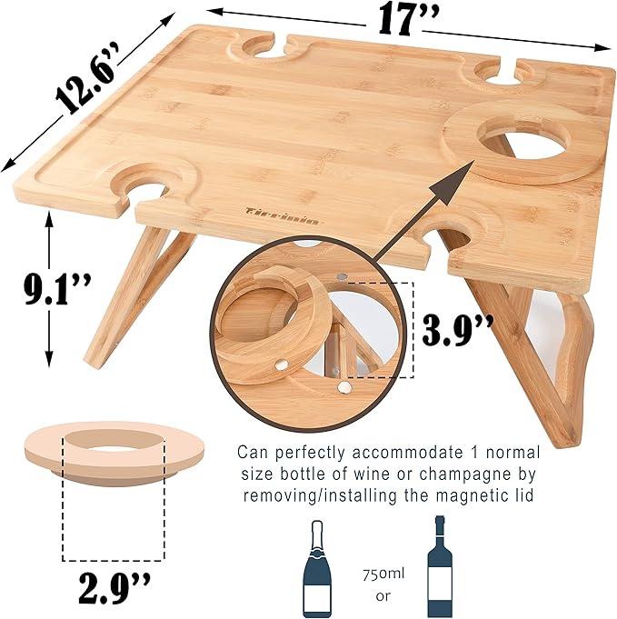Tirrinia Portable Wine Picnic Table, Ideal Wine Gift for Women Men, Outdoor Folding Table & Beach Charcuterie Board with Wine Glasses Holder for Camping, Park, Party, Garden Concerts, Wooden
