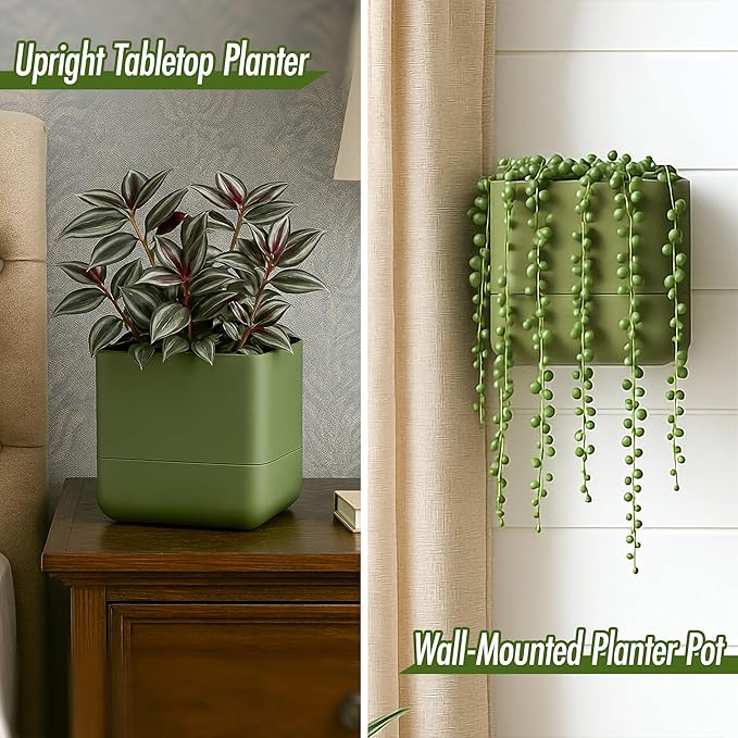 Phoenix Vine 6.5-Inch Wall Mounted Self-Watering Planter Pot for Indoor Houseplants and Herbs | Hanging Planter for Window Sills, Bathroom Walls, Home & Office Décor, Olive, Set of 3, 01-WP-C-3