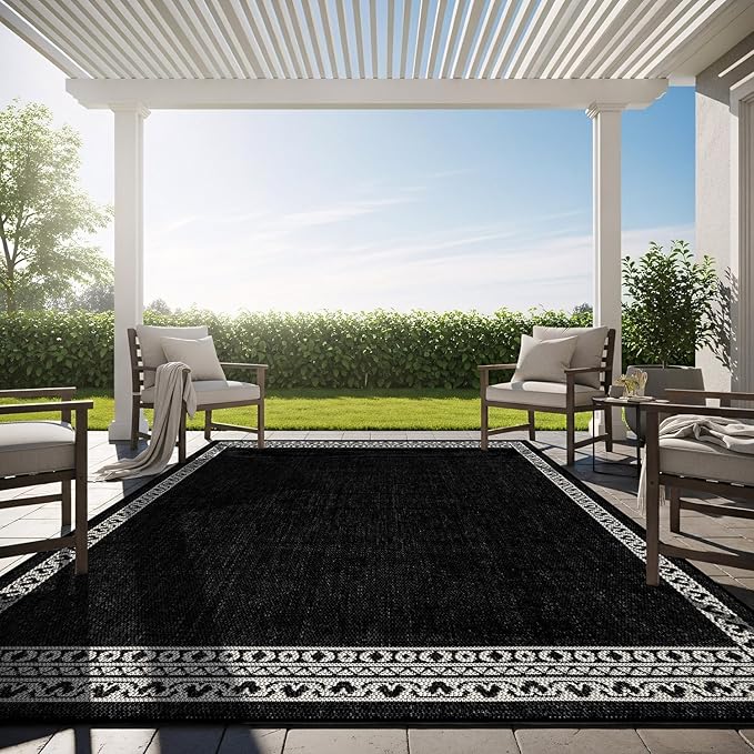 Washable Outdoor Rug 9x12 Modern Area Rugs Outdoor Carpets Bordered Pattern Non Shedding Waterproof Easy Clean Patio Deck Porch Living Room Bedroom Garden RV (9 X 12 Black)
