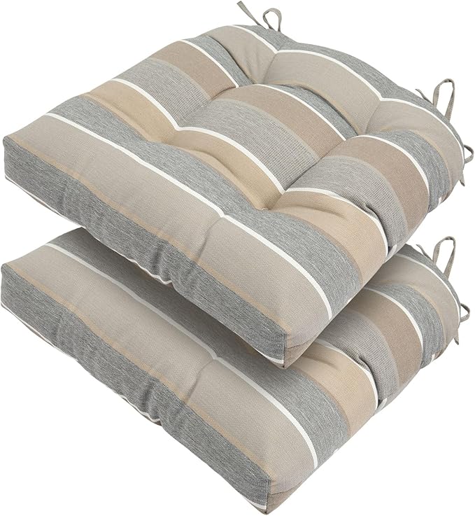FUNHOME Outdoor Chair Cushions 19 x19 Inch,Water Resistant Tufted Seat Cushions 19",Reversible,Weather Resistant,Rounded Back Wicker Chair Cushion for Patio Garden Furniture(Gray Stripe)
