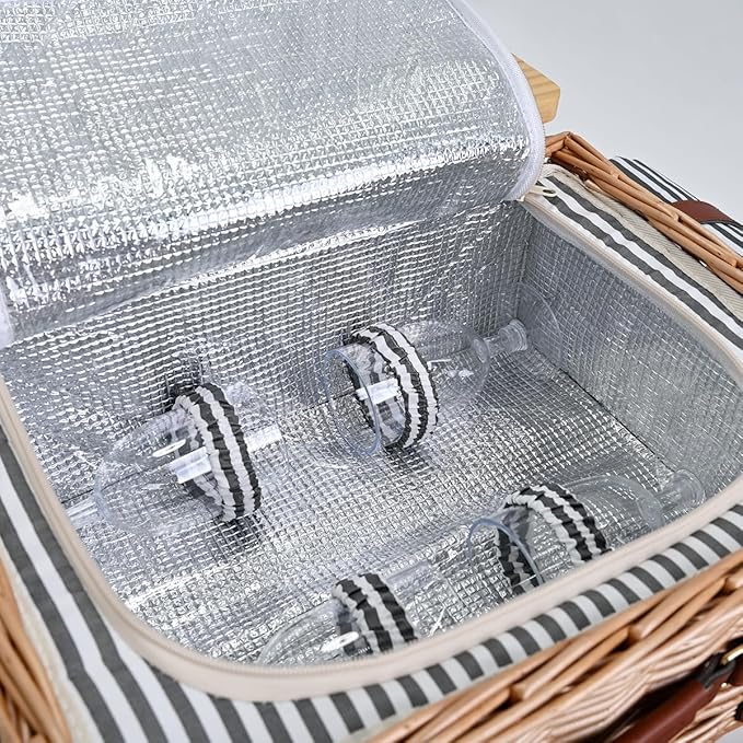 Multifunctional Wicker Picnic Basket Set for 4 with Blanket and Picnic Table, Insulated Picnic Set with Full Tablewares for Camping Outdoor Couples, Stripes