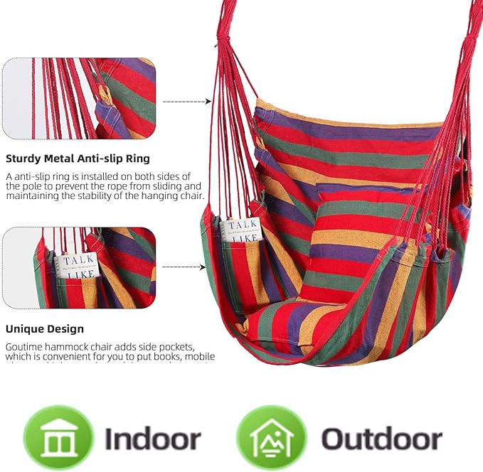Goutime Hammock Chair, Boho Hanging Rope Ceiling Swing, Macrame Hanging Swinging Chair for Indoor,Outdoor,Bedroom,Outside,Garden,Balcony,Yard,Deck,Max 330 Lbs,Red