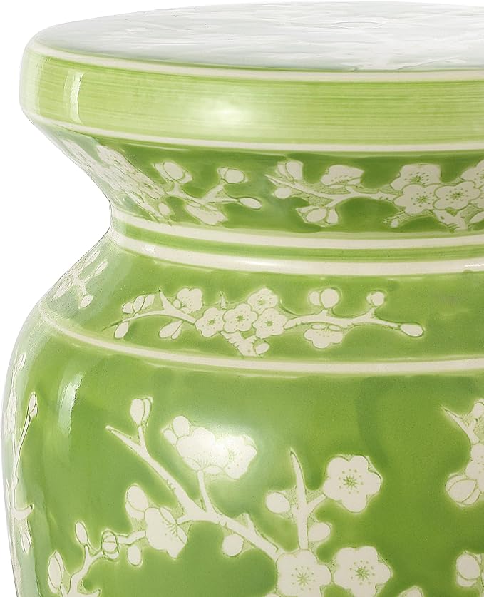 JONATHAN Y TBL1017C Cherry Blossom 17.75" Ceramic Indoor/Outdoor Garden Stool Coastal, Contemporary, Transitional, Patio, Garden Room, Bathroom, Living Room, Green/White