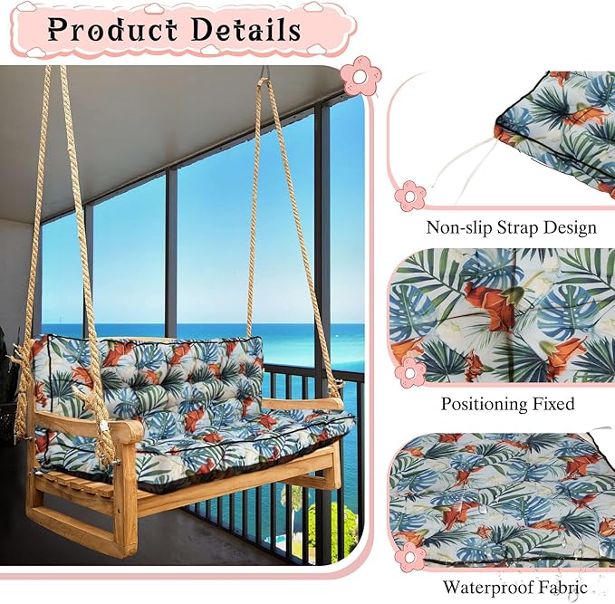 2-3 Seat Swing Replacement Cushion, Outdoor Bench Cushions with Backrest Thicken 4", Patio Furniture Garden Porch Loveseat Glider Pad Anti-Fading Waterproof (Hawaiian Flower, 40x70in-thicken)