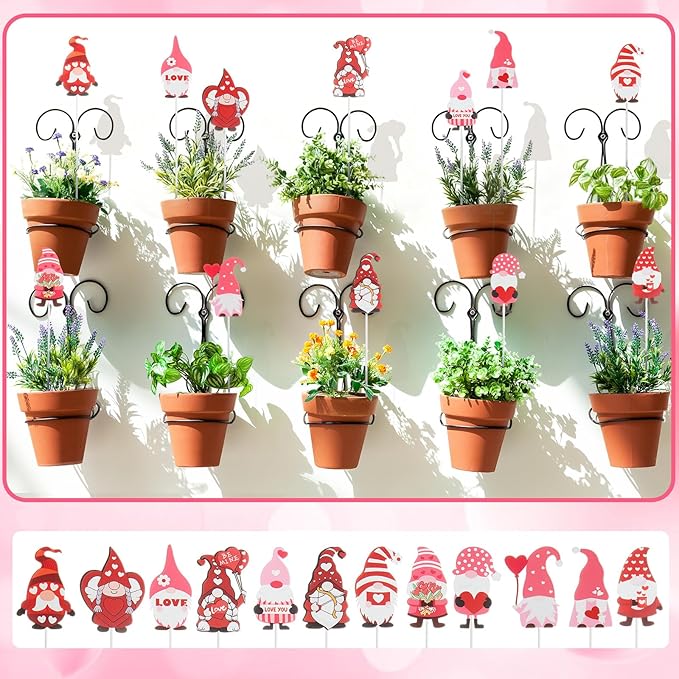 Novabright 12 Pcs 12'' Valentine's Day Metal Gnomes Yard Planter Stakes Valentines Gnomes Garden Stakes Potted Plant Signs Outdoor Decorations for Planter Pot Lawn Patio Wedding Party Decor