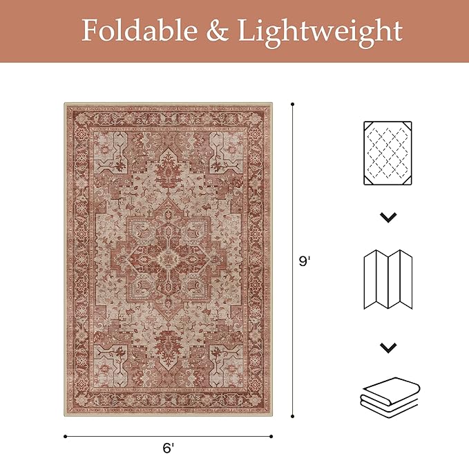 GENIMO Outdoor & Indoor Area Rug 6'x9', Waterproof, Non-Shedding, Easy Cleaning, Boho Mat for Patio, Living Room, Balcony, Dining Room, RV, Deck, Bedroom, Camping, Outside Carpet,Brown Red