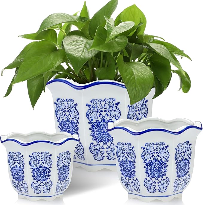 Set of 3 Blue and White Porcelain Flower Pots 7.2'' 6'' 4'' Decorative Chinoiserie Plant Pots with Drainage Hole Saucers Ceramic Planters for Indoor Garden(Classic Style)
