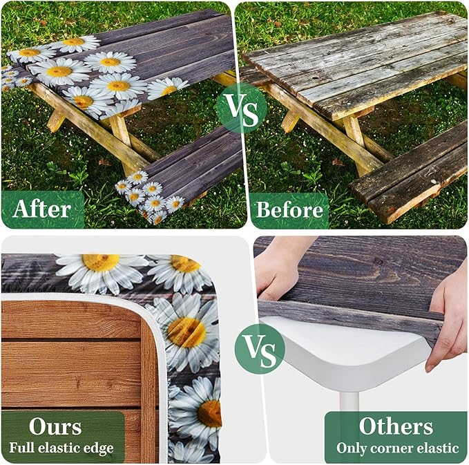 Picnic Table Cover with Bench Covers Elastic Edges, Chamomile Flower Fitted Table Cover, Outdoor Patio Camping Essentials 96 Inch 3PCS, Waterproof Camping Fitted Tablecloth with Drawstring Bag