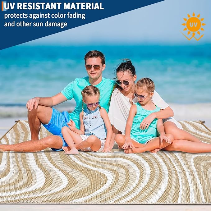 Patio Modern Abstarct Outdoor Rug 10x14 Waterproof Large Reversible Camping Mat Foldable Lightweight Plastic Straw Outdoor Rug for Deck, Camper, Balcony, Beach, Rv，Brown/Coffee/White
