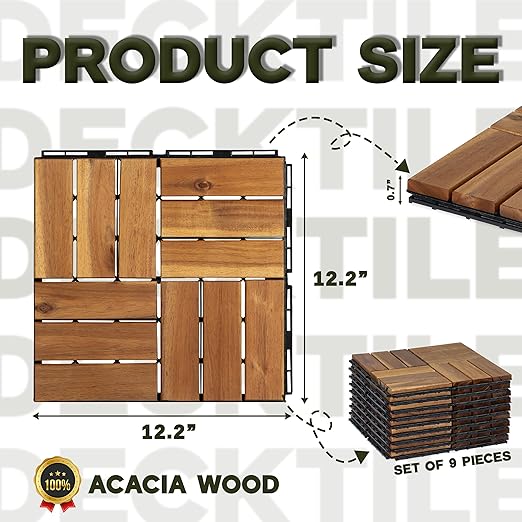 Interlocking Acacia Wood Deck Tiles, 9-Pack, 12 Slats, Waterproof Outdoor Flooring for Patio, Balcony, Garden – Natural Finish, 12.2" x 12.2" x 0.7"