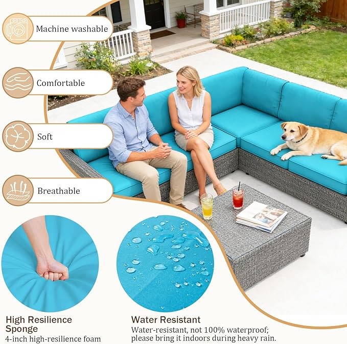 14 Pcs Outdoor Replacement Cushions for Patio Furniture, All Weather Water Resistant Cushion for 6 Seat Rattan Wicker Sectional Patio Conversation Sets and Couch (Lake Blue)