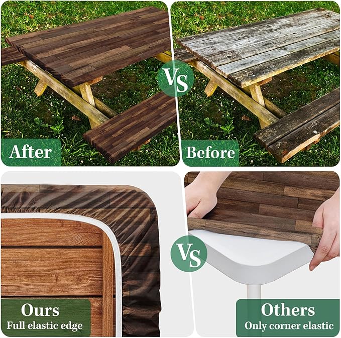 Picnic Table Cover with Bench Covers Elastic Edges, Brown Wood Fitted Table Cover, Outdoor Patio Camping Essentials 96 Inch 3PCS, Waterproof Camping Fitted Tablecloth with Drawstring Bag