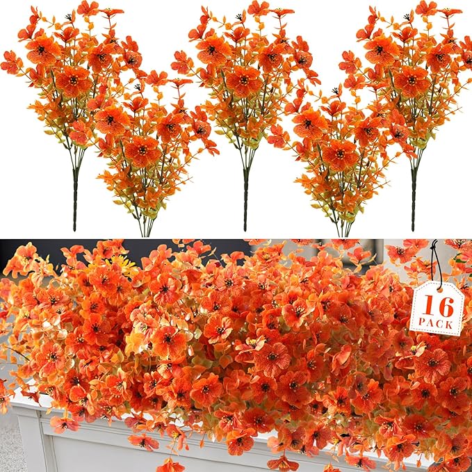 16 Bundles Artificial Fall Fake Mums for Outdoor, Autumn Faux Mums Flowers UV Resistant Plastic Greenery Garden Porch Patio Fall Thanksgiving Home Decor