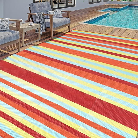 HUGEAR Outdoor Waterproof Rug 6'x9' Plastic Straw Rugs Washable Reversible Floor Mat Rainbow Stripe Carpet for Camping RV Deck Entryance Porch Picnic Balcony Beach Backyard