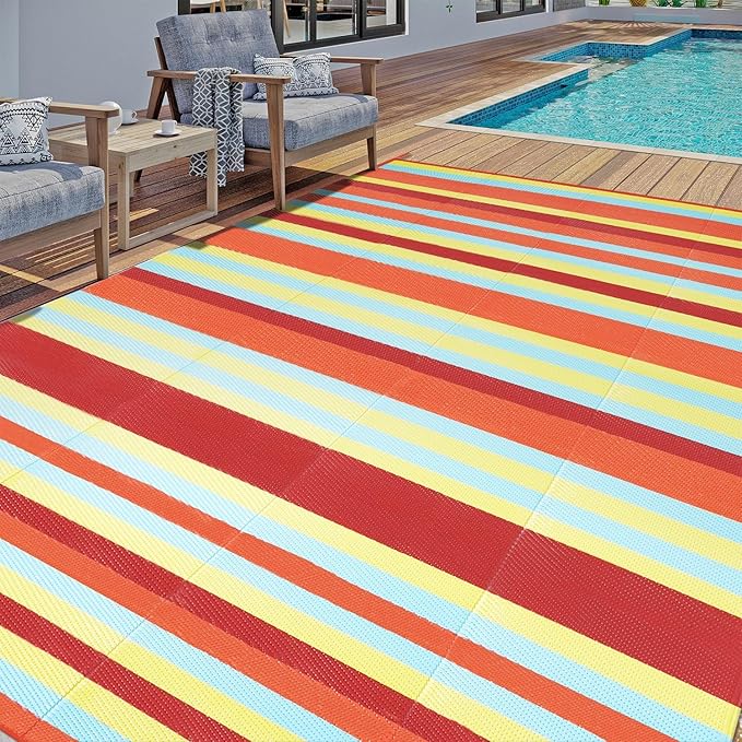 HUGEAR Outdoor Waterproof Rug 8'x10' Plastic Straw Rugs Washable Reversible Floor Mat Rainbow Stripe Carpet for Camping RV Deck Entryance Porch Picnic Balcony Beach Backyard