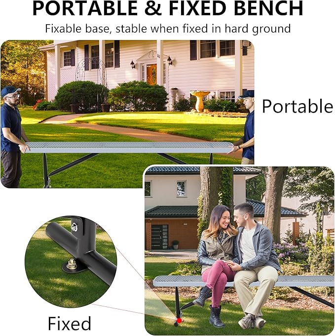 8 Feet Heavy Duty Metal Park Bench for Outside, Outdoor Bench with Portable Frame, Commercial Benches for Shopping Mall, Store, Park, Patio, Deck, Grey