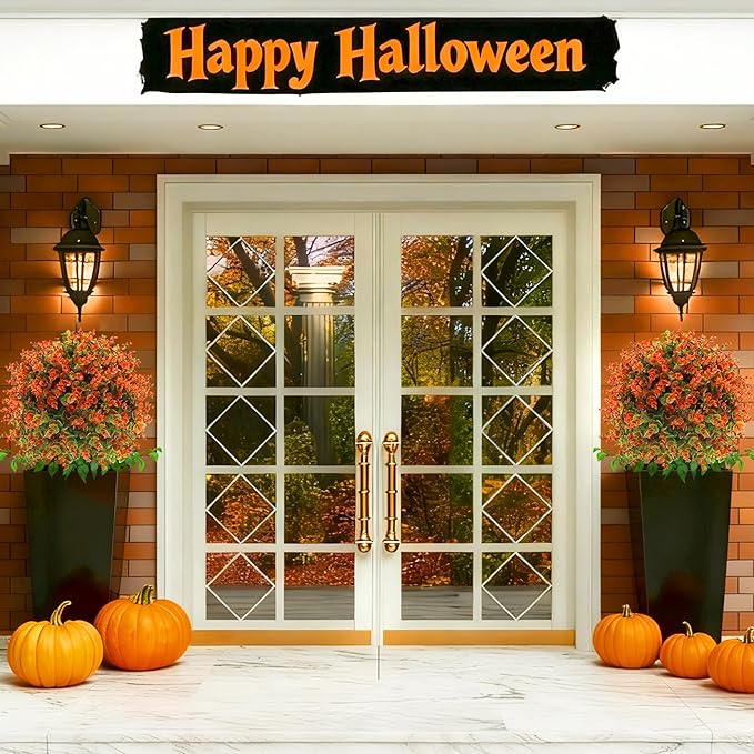 28" Artificial Fall Flower Bushes with Ground Stakes – Artificial Topiary Tree with Eucalyptus Orange Faux Floral Plants with Autumn Leaves for Outdoor Thanksgiving, Garden, Pathway, Porch Décor