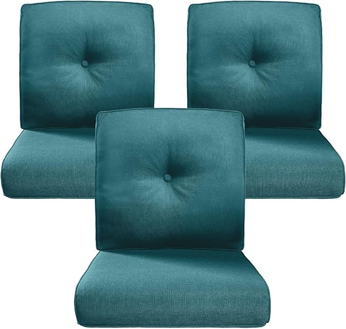 Belord Luxury 4" Thick Outdoor Cushion 3 Set - 22 x24 Inch 28D Sponge Filling Fade-Resistant Chair Cushion, Spill Proof Removable Patio Furniture Replacement Cushions for Sofa Bench - Peacock Blue