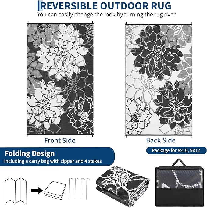 COZYLOOM Outdoor Plastic Straw Rug 8x10 Outdoor Patio Rug Waterproof Reversible UV Resistant Camping Mat, Foldable Lightweight RV Picnic Mat with Portable Bag, Modern Flower Carpet for Yard Porch Deck