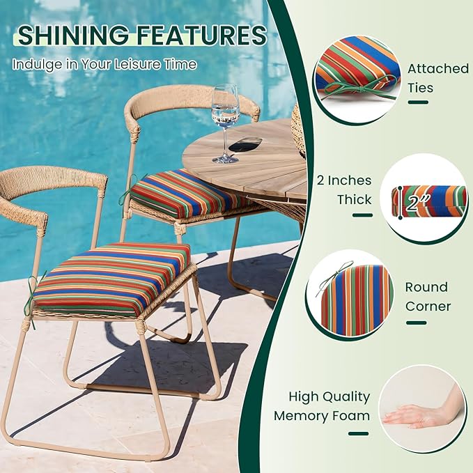 HARBOREST Outdoor Chair Cushions Set of 4, Water Resistant Patio Chair Cushions with Ties, Outdoor Seat Cushions for Patio Furniture, 17"x16"x2", Rainbow Stripes
