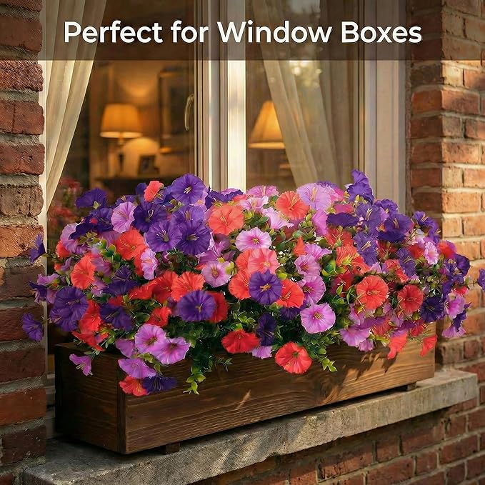 12Pcs Artificial Outdoor Flowers for Outdoors, Faux Silk Realistic Morning Glory Floral Arrangement Planter UV Resistant for Porch Patio Window Box Balcony Garden Decor (12pcs Purple Fuchsia)