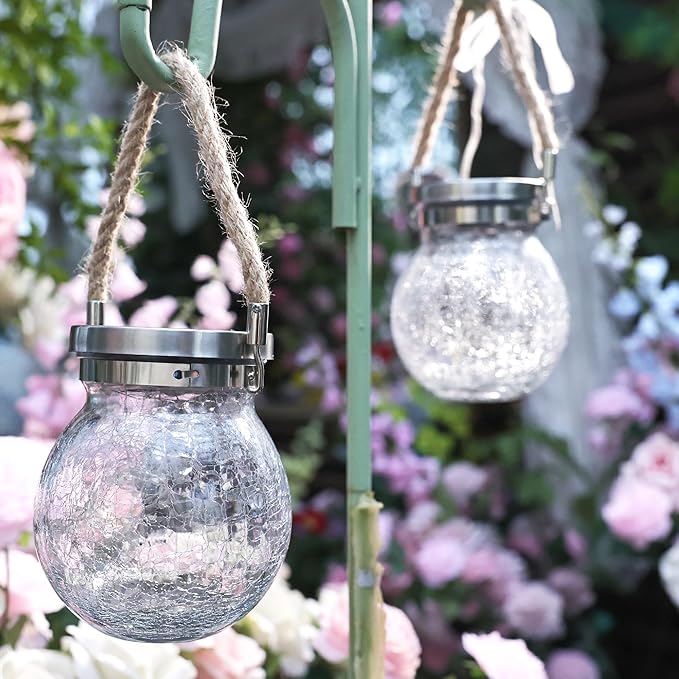 Cooo 6 Pack Valentines Day Gifts for Him Her Solar Lanterns Waterproof Outdoor Heavy Crackle Glass 30 LED Warm Firefly Lights Solar for Women Mom Grandma Outdoor Table Lamps Garden Yard Decor