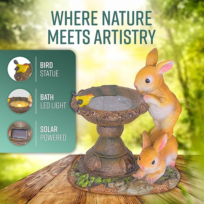 Banax Solar Rabbit Bird Bath for Garden, Ornaments Outdoor Statue Garden Gifts Waterproof Resin Sculpture with Solar Lights Outdoor Ornament for Christmas Decorations & Home Decor