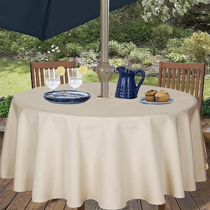 Outdoor Tablecloth Wrinkle-Free Stain Resistant Waterproof Polyester Fabric Table Cover with Zipper Umbrella Hole for Picnic/Party/Dinner/Patio Garden(60inch Round,Zippered,Nature)