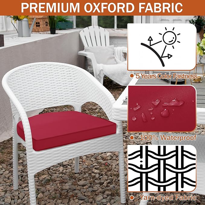 Outdoor Chair Cushions Set of 4 Water Resistant Patio Chair Cushions with Tie 3 Year Color Fastness Thick Outdoor Seat Cushion for Garden Lawn Round Corner Burgundy 17x16x2 Inch