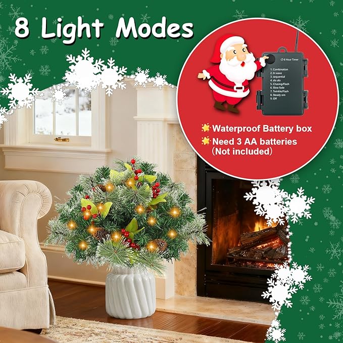 JOYHALO 2 Pack Set 18 Inch Christmas Urn Filler with 60 Warm White Lights, Battery Box with Timer, Xmas Pot Fillers with Branches Berries Pinecones, Outdoor Xmas Trees for Porch Pathway Yard Decor