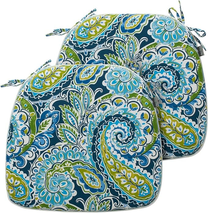 Magpie Fabrics Outdoor/Indoor 17"x16"x2" Chair Cushions with Ties Set of 2, Waterproof All Weather U-Shape Seat Pads Decoration for Patio Garden Furniture Home Office (Paisley Lapis Green)
