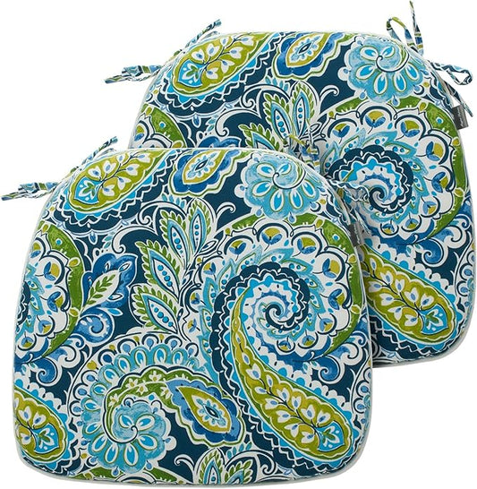 Magpie Fabrics Outdoor/Indoor 17"x16"x2" Chair Cushions with Ties Set of 2, Waterproof All Weather U-Shape Seat Pads Decoration for Patio Garden Furniture Home Office (Paisley Lapis Green)