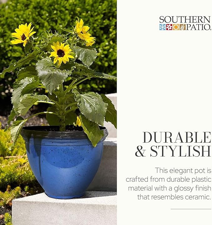 Southern Patio Heritage Planter, 12-Inch Outdoor Round Planter Pot, Light Resin Pot for Porch or Patio Use, Monaco Blue, (Size/Dimensions), 2 Pack