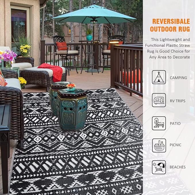 Pendolr 5’x8’ Outdoor Rug Waterproof Carpet Patio Rugs Outdoor Plastic Straw Rug Camping Rug Reversible Outside Outdoor Area Rug for Balcony Deck Backyard RV Picnic Beach Black&White 02#