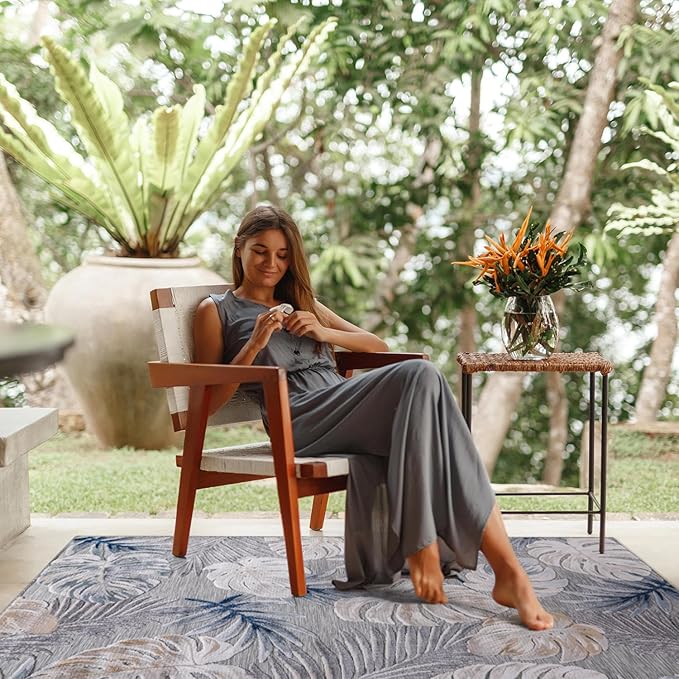 CAMILSON Indoor Outdoor Rug, Blue 4x6 Leaf Tropical Botanical Area Rugs for Indoor and Outdoor patios, Easy-Cleaning Non-Shedding Living Room, Garden and Kitchen Washable Outside Carpet (4 x 6)