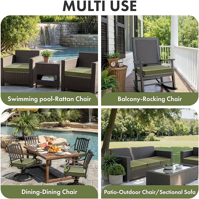 MIULEE Green Outdoor Chair Cushions Set of 4, 19x19x3 Inch Waterproof Patio Seat Cushions for Outdoor Furniture Couch Sofa, 3 Year Color Fastness High Density Foam with Adjustable Ties