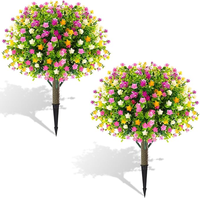 Yunlly 2 Pcs Outdoor Artificial Topiary Ball Trees 22" with Colorful Flowers, Boxwood Fake Bushes Shrubs with Spike, UV Resistant Evergreen Plants for Front Porch Garden Decor (Mix Color)