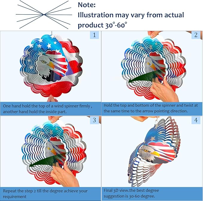 3D Eagle Wind Spinner - American Flag Eagle Design, 12In Holographic Hanging Wind Sculptures, Outdoor Yard Garden Decor for 4th of July, Memorial Day, for Men Women Dad Mom