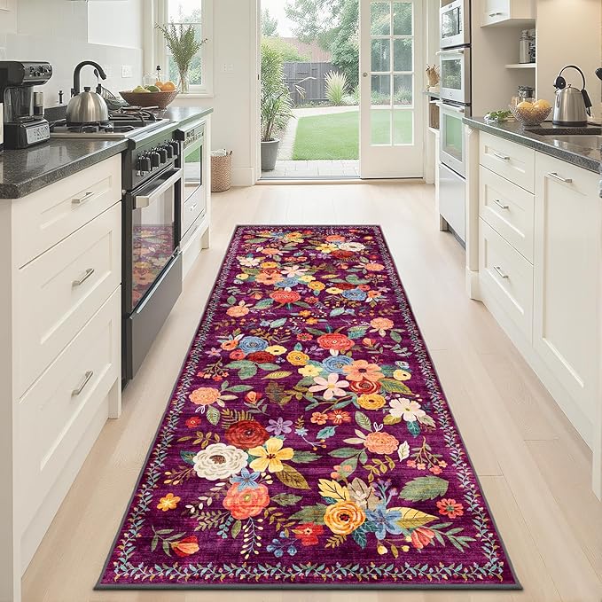 Rug for Hallways Kitchen Rug 2x6, Non Slip Washable Rugs with Rubber Backing Soft Floral Carpet Runner for Hallways, Kitchen, Laundry, Bedroom, Bathroom (2 x 6, Purple Lawn)